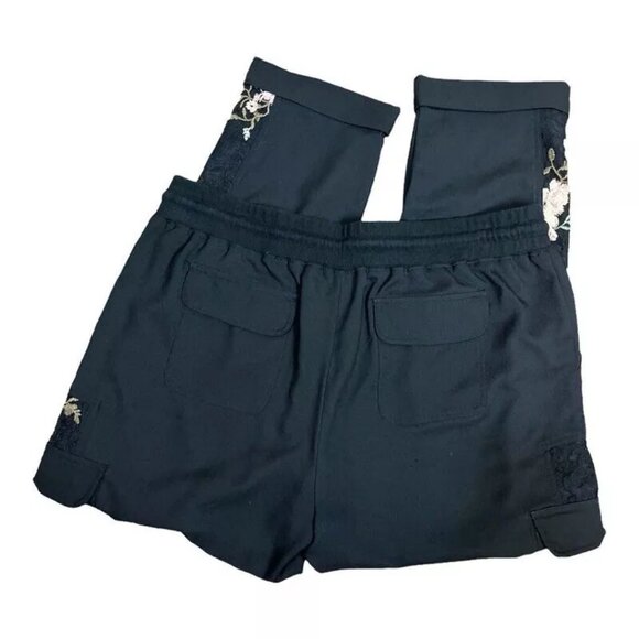 Knox Rose Cargo Pants XL Embroidered Lace Pocket Cuff Floral Black Drawstring - Picture 3 of 7